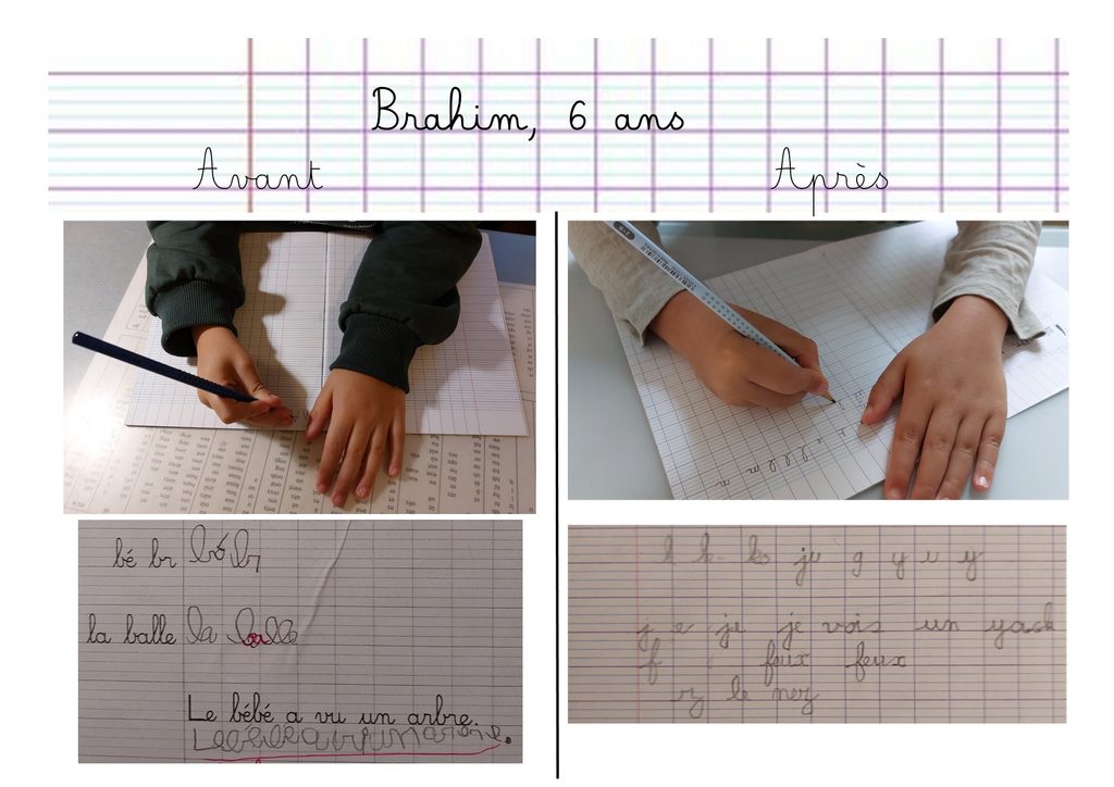 Avant et après un accompagnement en graphothérapie – enfant de 6 ans