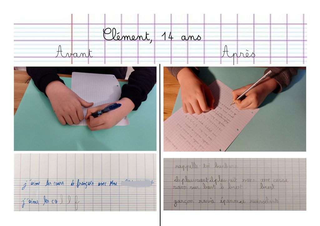 Avant et après un accompagnement en graphothérapie – ado de 14 ans