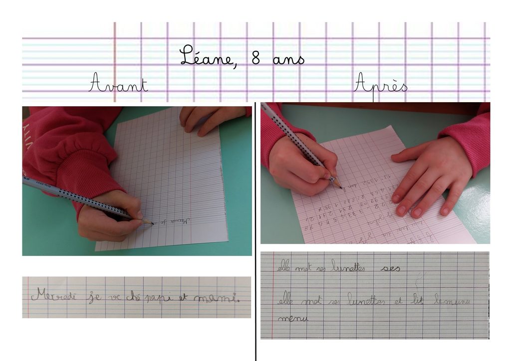 Avant et après un accompagnement en graphothérapie – enfant de 8 ans