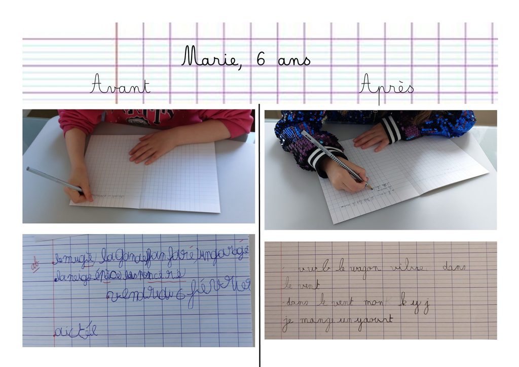Avant et après un accompagnement en graphothérapie – enfant de 6 ans